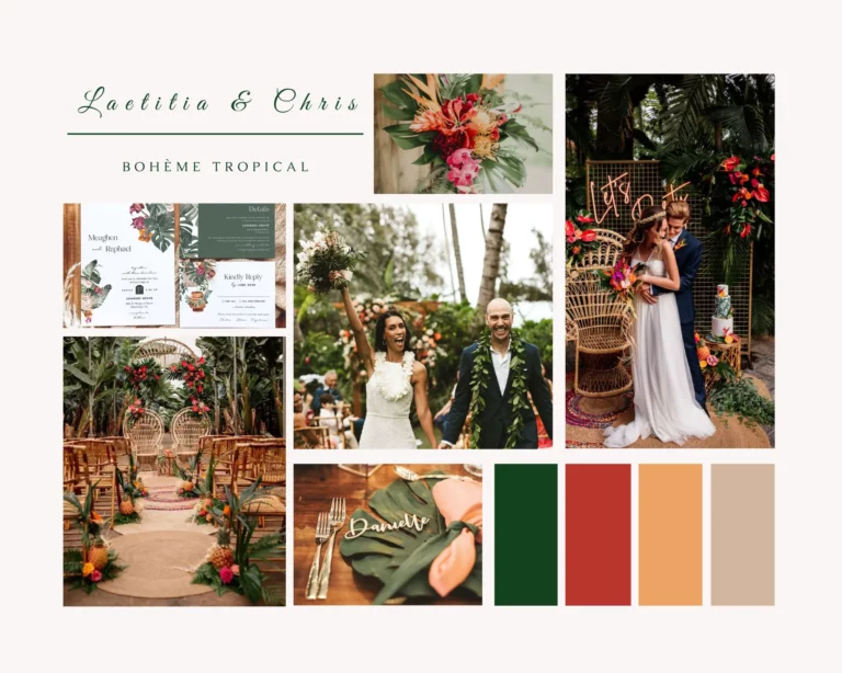 Moodboard mariage bohème et tropical avec palette de couleurs
